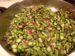 Asparagus, Brussels sprouts, Onions, Almonds, Turkey Bacon, Craisins, Goat Cheese