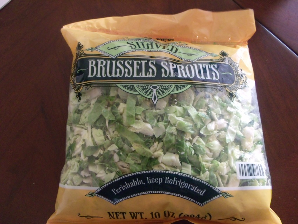 Bagged Brussels Sprouts from Trader Joe's Asparagus, Brussels sprouts, Onions, Almonds, Turkey Bacon, Craisins, Goat Cheese