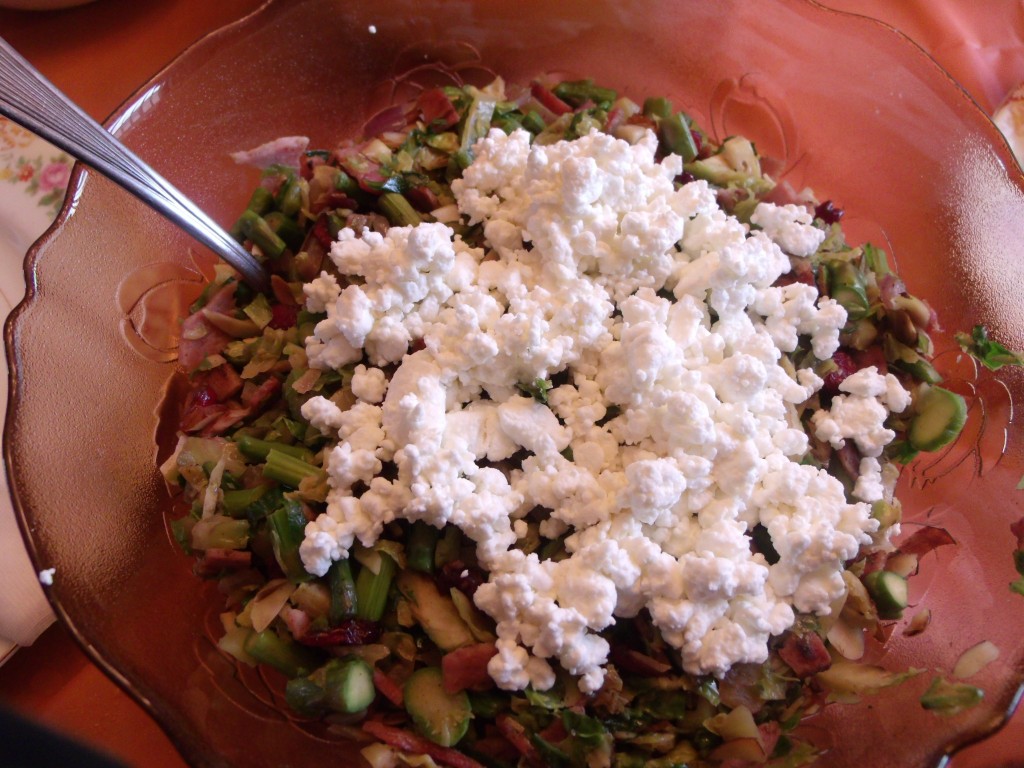 Asparagus, Brussels sprouts, Onions, Almonds, Turkey Bacon, Craisins, Goat Cheese
