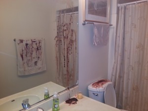 Bloody Help on the mirror - Halloween scary bathroom decor