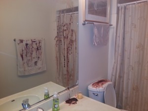 Make your bathroom look like a horror scene for Halloween with fake blood