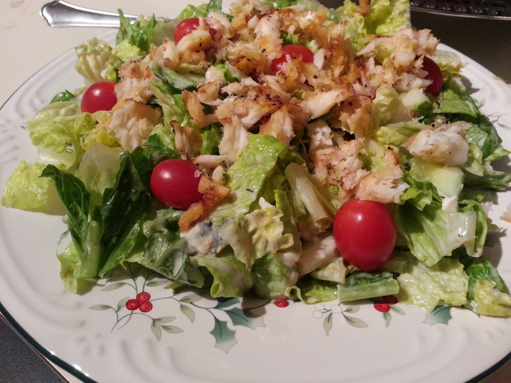 Tilapia salad with Greek Feta dressing, tomatoes, cucumbers and blue cheese