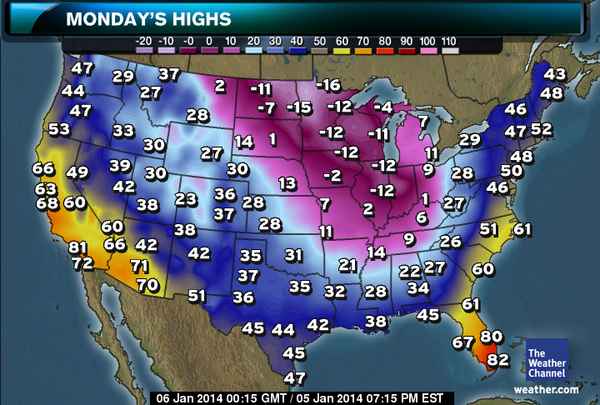 These are the HIGHS for today...BEFORE the windchill, which is supposed to bring everything down into the super negative.  Source: The Weather Channel