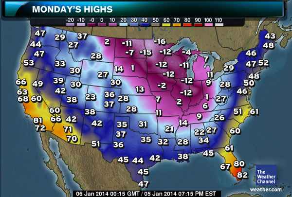 These are the HIGHS for today...BEFORE the windchill, which is supposed to bring everything down into the super negative. Source: The Weather Channel