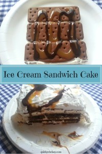 Make your own ice cream cake using ice cream sandwiches, chocolate sauce, caramel and cool whip for an easy, delicious treat | Ice Cream Sandwich Cake