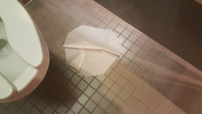 Toilet seat covers do not belong on the floor.