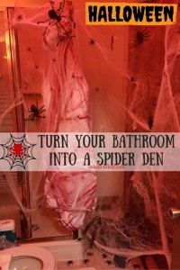 Turn Your Bathroom Into a Spider Den with a few plastic spiders, spider web and a hanging cocoon body. This little room scared everyone at our annual Halloween party!