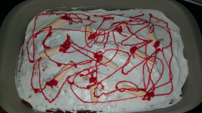 This finger cake was easy to make. I baked a double batch of cake, frosted and decorated it.