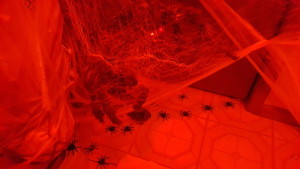 Use red lighting to increase the scare factor in your bathroom spider den