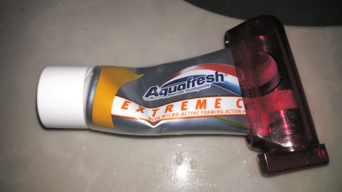 Aquafresh toothpaste in a toothpaste roller