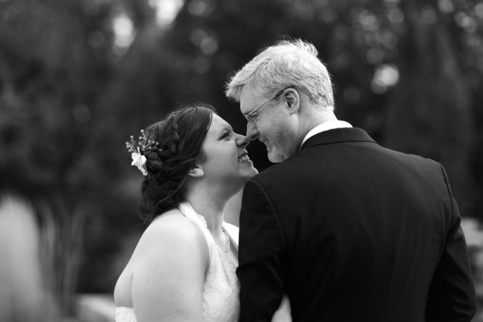 black and white wedding photo Eskimo kiss