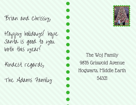 Postcard addressed to The Woj Family instead of attempting a plural with an apostrophe