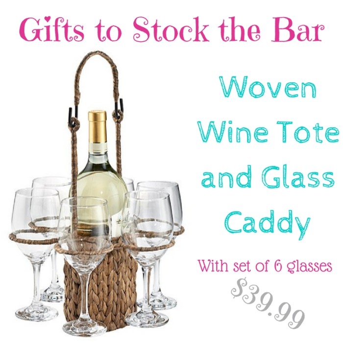 gifts to stock the bar: woven wine tote and glass holder $40