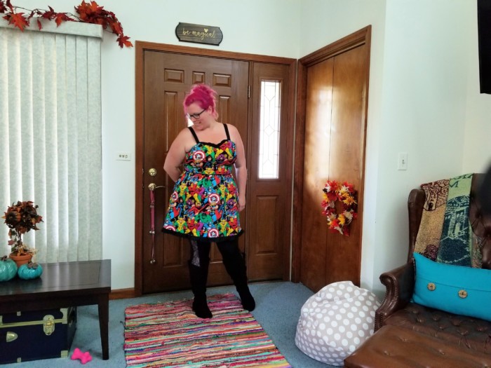 chrissy wearing a Marvel dress for jury duty