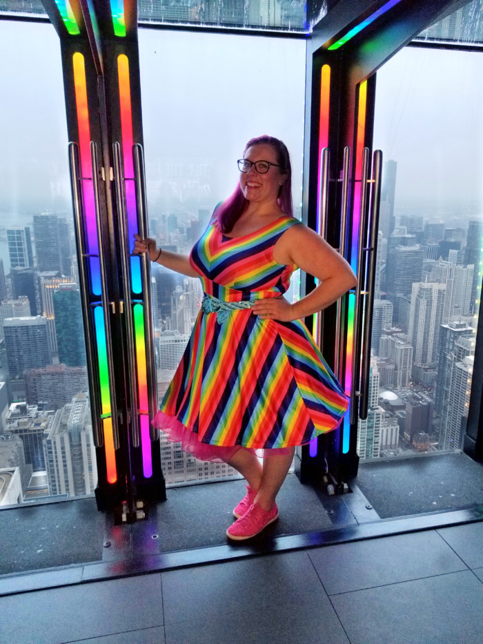 Chrissy in a rainbow dress on the TILT at 360 Chicago