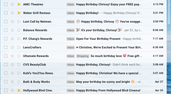 a list of restaurants and stores that offer free birthday coupons in your email for signing up.
