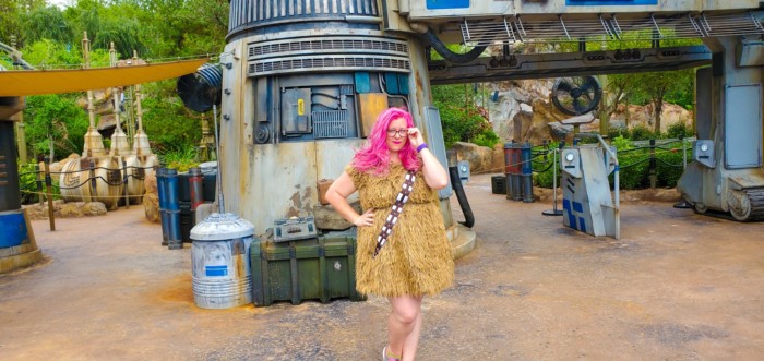 Wearing a Chewbacca dress in Disney World Star Wars Galaxy's Edge 