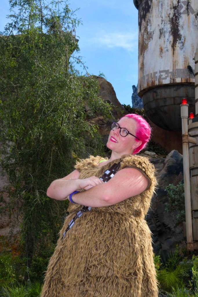 Chrissy in a Chewbacca dress in Star Wars Galaxy's Edge Batuu Disney World