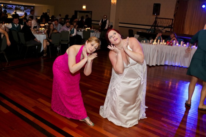 hilarious professional wedding photos: Dancing to Time After Time from Romy and Michelle's High School Reunion