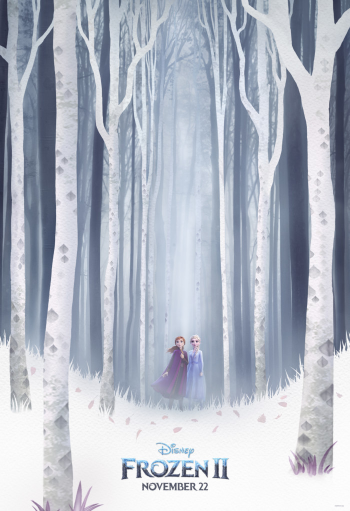 Frozen movie poster with Anna and Elsa in a frozen forest.