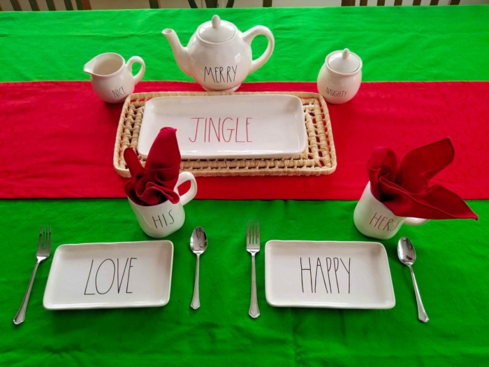 Rae Dunn Christmas tablescape with Kate Spade tablecloths