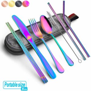 Reusable stainless steel rainbow silverware trave set