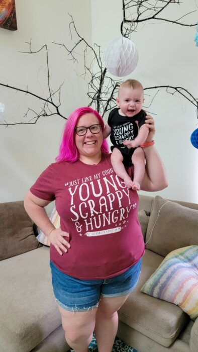 Matching Hamilton Tees Mommy and Me that both say Just like my country, I am young scrappy and hungry